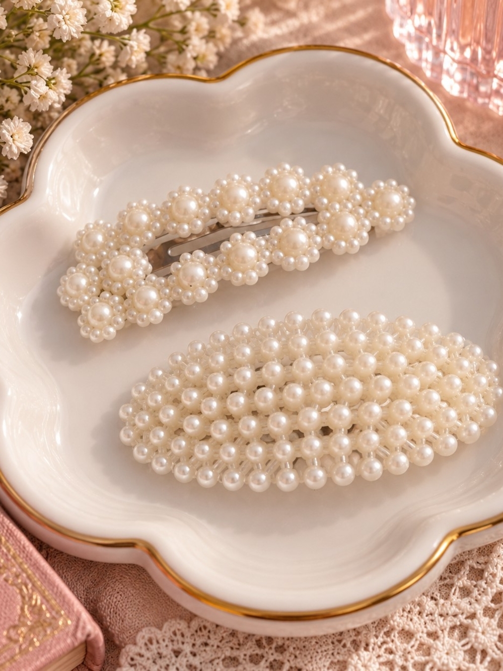 Pearl Beaded Hair Clips Set of 2- Ivory Pearl New